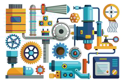 Colorful industrial machine with gears, pipes, and a control panel. Features a large central component with a gear system and control panel. vector