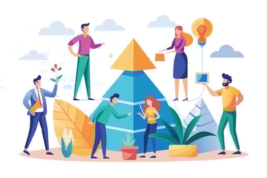 A group of people are working together on a project, represented by a blue and yellow pyramid. The illustration depicts collaboration and teamwork. vector