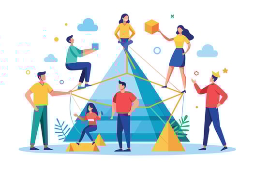 A diverse team of people work together on a complex project, represented by a pyramid structure with interconnecting ropes. vector