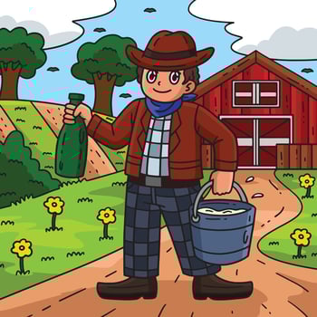 Cowboy Carrying Bucket of Cow Milk Colored Cartoon vector