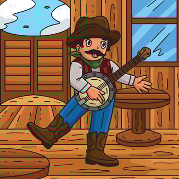 Cowboy Playing Banjo Colored Cartoon Illustration vector