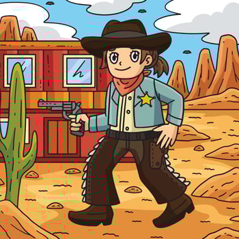Cowgirl with a Gun Colored Cartoon Illustration vector