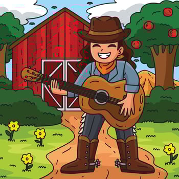 Cowgirl Playing Guitar Colored Cartoon vector