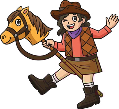 Cowgirl and Toy Horse Cartoon Colored Clipart vector