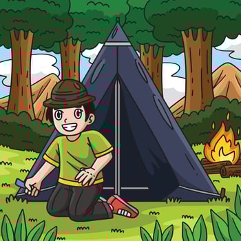 Camping Camper Setting Up a Tent Colored Cartoon vector