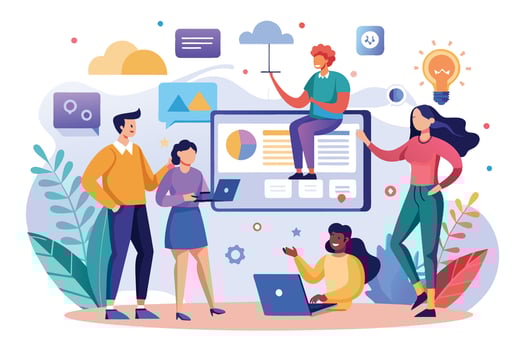 A diverse team of four people are collaborating on a digital project using laptops and cloud data. They are working together to achieve a common goal, represented by a bright lightbulb. vector