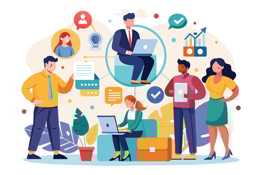 An illustration depicting a diverse team of professionals collaborating on a project, using laptops, digital documents, and a shared digital workspace. vector