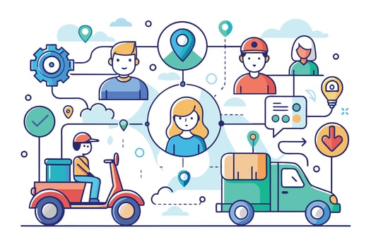 Illustration of an online delivery network showing a customer placing an order, a driver delivering the order on a scooter, and a truck delivering a large package. vector