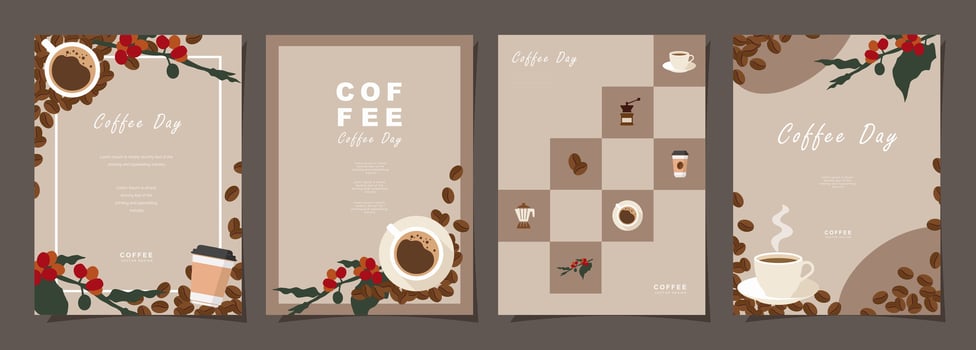 Set of sketch banners with coffee beans and leaves on minimal background for invitations, cards, banner, poster, cover, cafe menu or another template design. vector