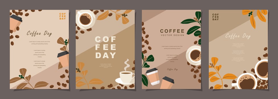 Set of sketch banners with coffee beans and leaves on minimal background for invitations, cards, banner, poster, cover, cafe menu or another template design. vector