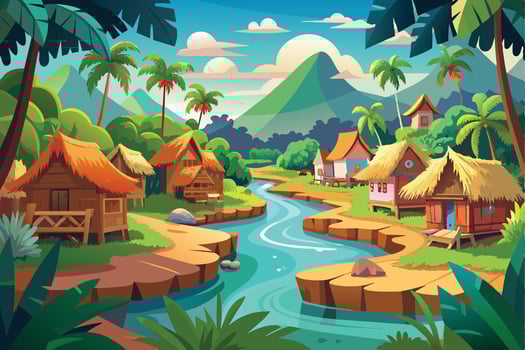 A picturesque illustration of a tropical village nestled amongst lush greenery, featuring traditional thatched-roof houses, palm trees, and a winding river. vector