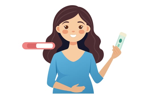 A pregnant woman with long, dark hair is smiling brightly and holding a positive pregnancy test in her right hand. She is wearing a blue shirt and is visibly pregnant. vector