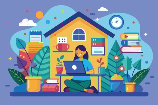Illustration of a woman working on a laptop in front of a house. The woman is sitting on the floor with books and plants surrounding her. vector