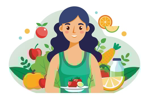 A cartoon illustration of a smiling woman holding a plate of tomatoes with fruits and vegetables around her, promoting a healthy lifestyle. vector