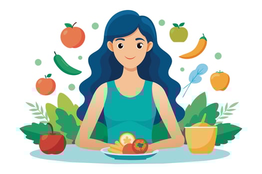 Cartoon woman with blue hair eating healthy fruits and vegetables at a table. Background has green foliage with fruit and vegetable imagery. vector