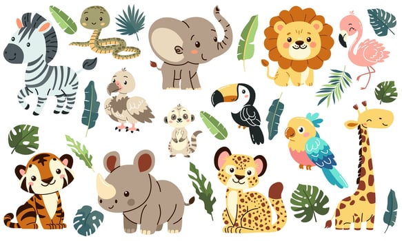 Set of flat illustrations in children's style of savannah animals. Cute rhinoceros lemur lion flamingo toucan vulture vulture snake zebra parrot tiger giraffe leopard cheetah tropical leaves vector