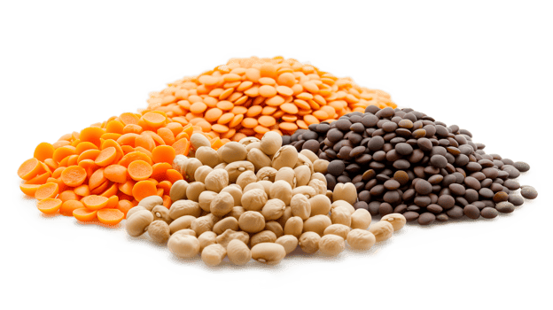 Flat lay the assortment of peas, lentils and legumes isolated on a transparent background png
