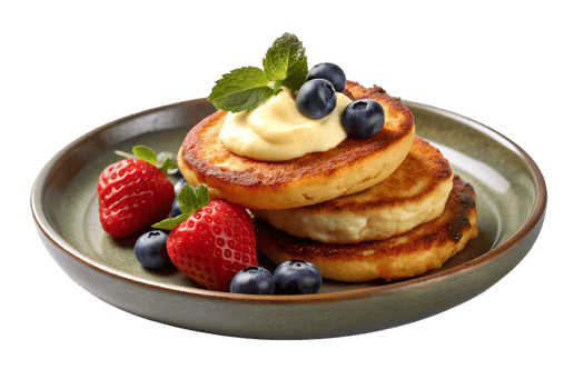 Fried quark pancakes topped with sour cream and fresh berries, set on a rustic plate isolated on a translucent background png