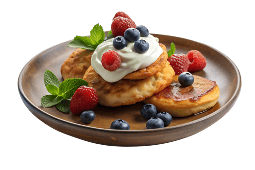 Fried quark pancakes topped with sour cream and fresh berries, set on a rustic plate isolated on a translucent background png
