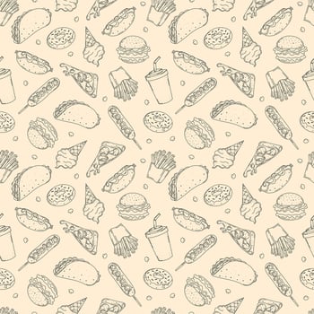 fast food line seamless pattern, french fries, hamburger, donut, hot dog, pizza, taco, ice cream, cola, corn dog vector