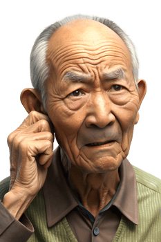 An elderly man with white hair touched his ears because she could not hear png