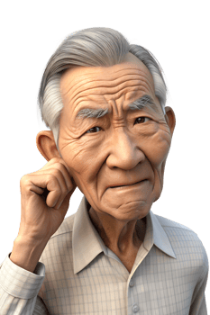 An elderly man with white hair touched his ears because she could not hear png