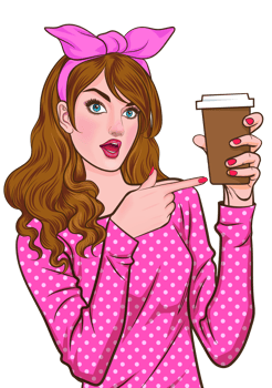 Confident woman pointing at her coffee cup with a playful expression png