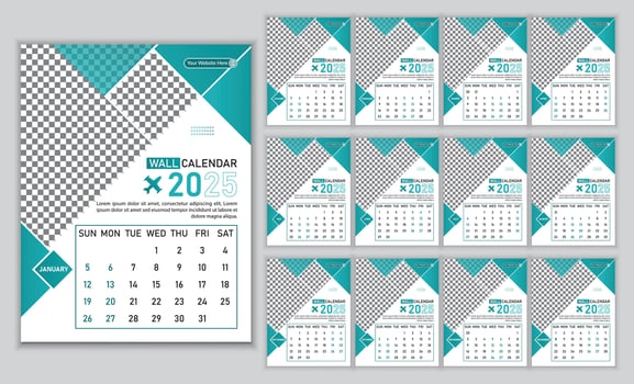 Explore 2025, Adventure-Themed Wall Calendar Template. vector