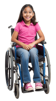 A cheerful girl in a wheelchair, wearing a pink shirt and jeans, transparent background png