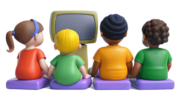 3D illustration of four kids sitting and watching TV from the back, transparent background png