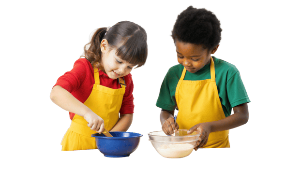 Two kids cooking together, transparent background png