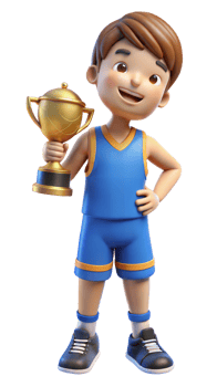 3D render of a happy boy holding a golden trophy in a blue sports jersey on a transparent background png