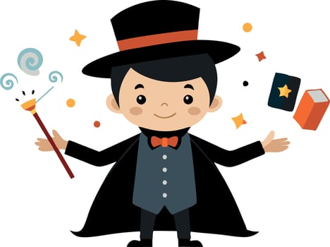 A cartoonish drawing of a man in a black hat and cape, holding a wand and a book vector