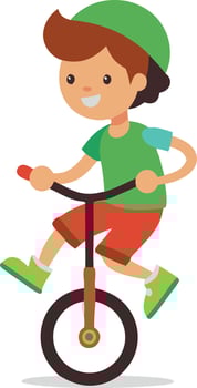 Cheerful boy riding a unicycle in colorful clothes and a green helmet vector