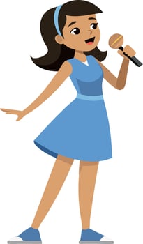 Cartoon girl singing with a microphone on stage in blue dress vector