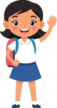 Illustration of happy schoolgirl waving with backpack and uniform vector