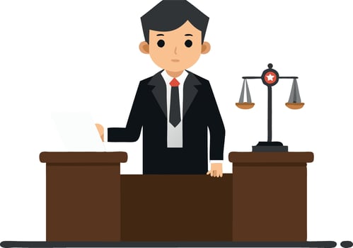 Illustration of a lawyer in a courtroom with scales of justice and legal documents vector