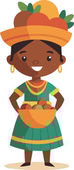 Smiling woman in traditional attire holding fruit bowl illustration vector