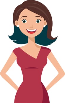 Smiling woman in red dress, cartoon illustration of happy young lady vector