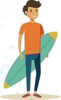 Young man with surfboard standing and smiling, ready for surfing adventure vector