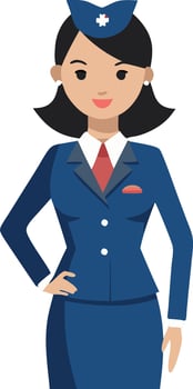 Cartoon illustration of female flight attendant in blue uniform with hat and red tie standing with hands on hips vector