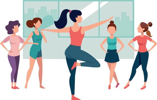 Group of women practicing yoga together indoors in a relaxed and friendly atmosphere vector