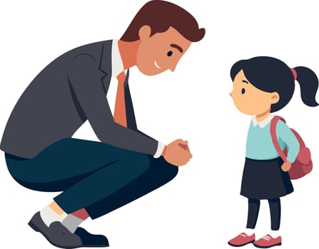 Father kneeling to talk with young daughter carrying backpack vector