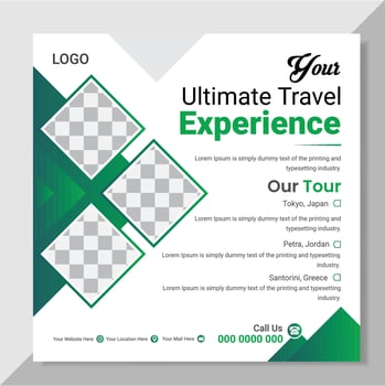 Travel agency business promotion web banner template design for social media. Travelling, tourism or summer holiday tour online marketing flyer, post or poster with abstract graphic background. vector