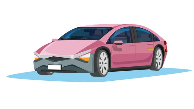 Perspective view of sedan car pink electric vehicles car. Can view interior console with seat. white blue shadow. Isolated white background. vector