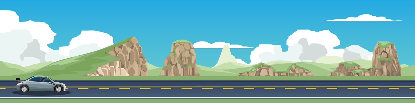 Travels of car with driving for banner. Asphalt road near the green grass and mountain under clear sky for winter travel. Copy Space Flat . vector