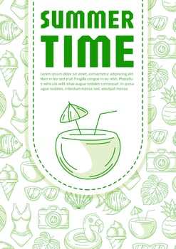 Summer beach vertical poster a4, green modern minimalist design with seasonal line icons pattern, space for text. For banner, book cover, notebook, card, invitation, advertising or planner vector