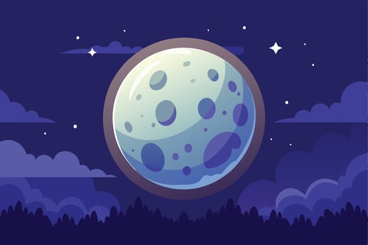 A bright full moon illuminates the night sky, its light casting a soft glow over a dark forest, with visible craters and twinkling stars. vector