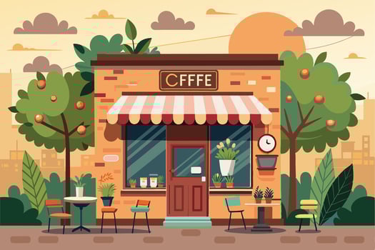 Cartoon of brick coffee shop with striped awning, outdoor seating, greenery, and setting sun in the background. vector