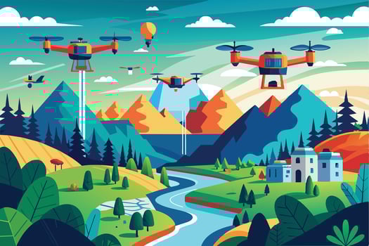An illustration depicting delivery drones flying over a picturesque mountainous landscape. vector